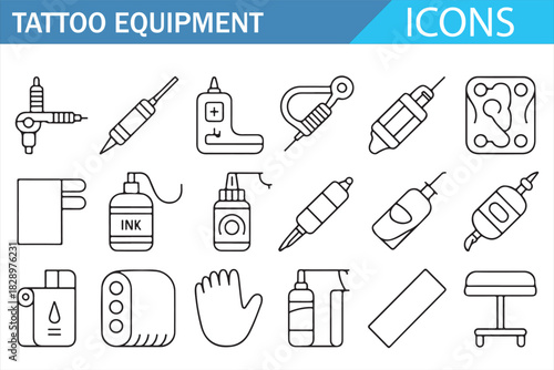 Tattoo equipment icons set in thin line style with machines, needles, ink bottles, power supply and studio accessories for professional tattoo artists and body art design