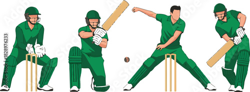 Diverse cricket player set in action with various poses and equipment