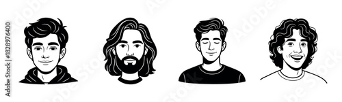 Black and white cartoon illustrations of young male characters with diverse hairstyles
