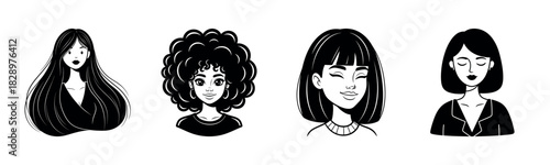 Illustrated portraits of diverse female characters with varied hairstyles