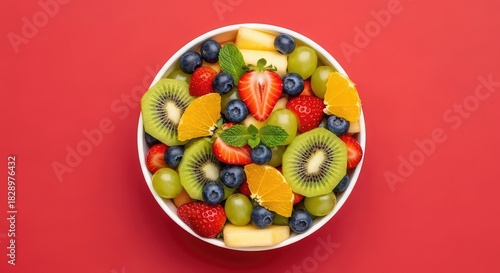 Bowl of fresh fruit salad with strawberry, kiwi, blueberry and grape