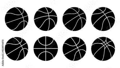 Vector illustration of set of eight black silhouette basketball icons showing different line patterns isolated on transparent background