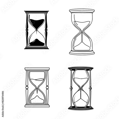 thin line silhouette of an old hourglass with flowing sand shape, minimal frame, elegant simple outline