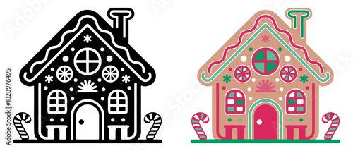 Gingerbread houses. Christmas icon set in silhouette and colored versions	
