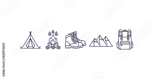 Thin line outline icons for outdoor adventure and camping activities like hiking tents and campfires