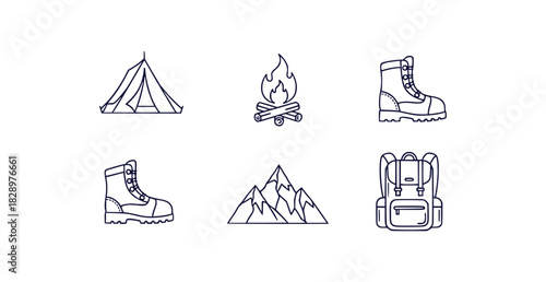 Thin line vector icons for outdoor adventures tent campfire boots mountain backpack