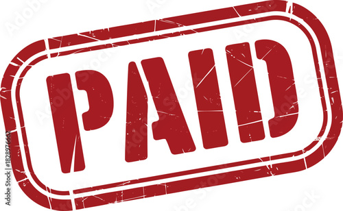 Grungy red rubber stamp prominently shows the word PAID in capital letters on a simple white isolated surface