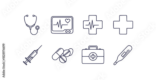 Clean line art icons representing medical symbols like a stethoscope heart syringe and first aid kit