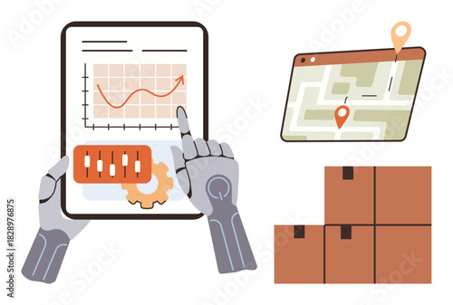 Robotic hands navigating data chart on tablet, route mapping with GPS, nearby packaged boxes. Ideal for technology, supply chain, automation, data analytics, delivery systems, innovation futuristic