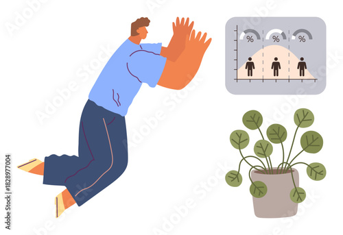 Individual expressing excitement or surprise near a graph with statistical analysis and a leafy potted plant. Ideal for work trends, growth, data insights, reactions, analytics, success, progress