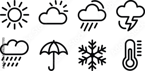 Modern outline weather icons collection including sun, clouds, rain, lightning, umbrella, and snowflake symbols