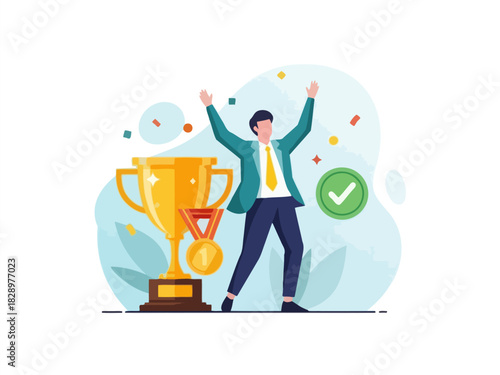 Businessman celebrating professional success and achievement next to a golden trophy and first place medal.