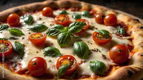 Top View of Fresh Margherita Pizza with Cherry Tomatoes and Basil
