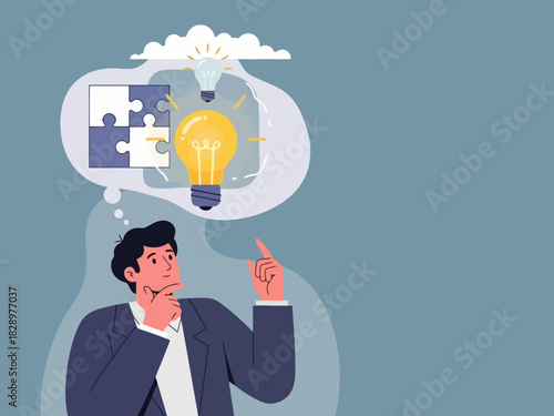 Thoughtful businessman solving a complex puzzle problem resulting in a brilliant business idea.