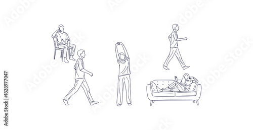 Minimalist thin line vector illustrations of people in various everyday poses and activities