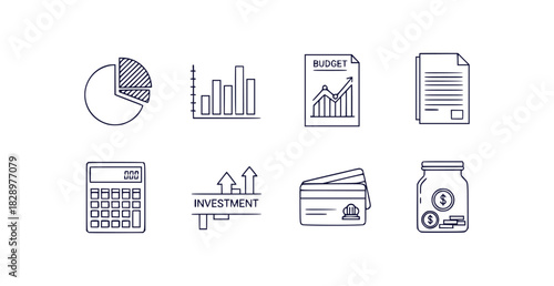 Thin line icons for finance business and ui design featuring charts budgeting and savings
