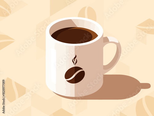 A minimalist isometric vector illustration of a steaming coffee mug with a stylized bean logo.