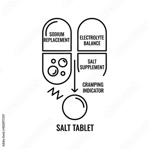 Salt tablet icon illustrating sodium replacement, electrolyte balance, salt supplement, and cramp indicator.