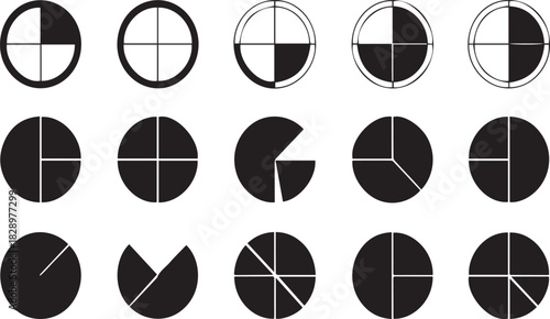 Black and white pie chart segments and circles divided into sections graph
