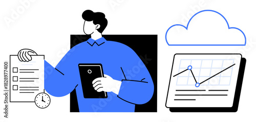 Person holding tablet, checklist, clock, cloud, and a data graph representing productivity, task management, analytics, cloud storage time management digital solutions effective planning. Flat