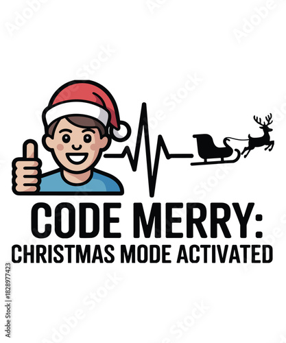 A cartoon depicts a person in a Santa hat giving a thumbs up, with a heartbeat line transforming into Santa's sleigh and reindeer.