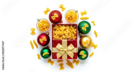 Festive pasta gift box with christmas ornaments isolated on white background