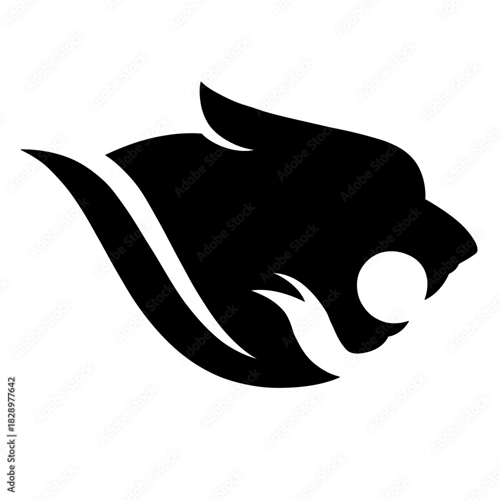 Obraz premium A stylized black silhouette of a roaring panther's head with a white swoosh design and a circle near its mouth, set against a white background. It's a dynamic logo.