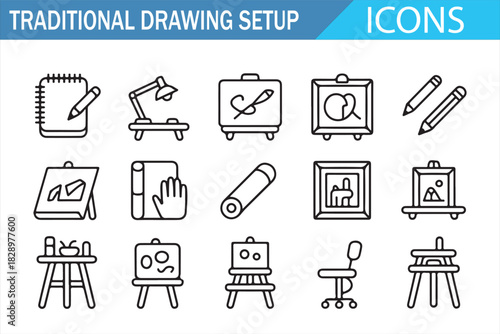 Traditional art studio tools icons set in clean outline vector style