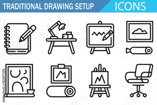 Traditional drawing setup icons set with easel, sketchbook, pencil, chair, cabinet and art tools in thin line vector style for artists and designers