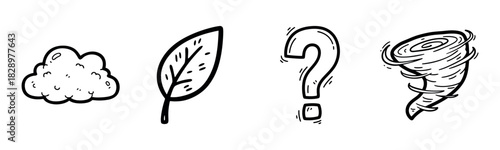 Hand-drawn icons: cloud, leaf, question mark, tornado on white background