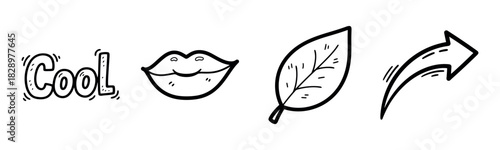 Retro doodle art: cool text, lips, leaf, arrow icons in black and white