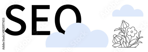 SEO text in bold with blue clouds and floral elements symbolizing growth, organic strategies, and digital success. Ideal for marketing, branding, strategy, innovation, online growth, eco themes