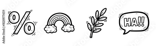 Hand-drawn symbols: percent sign, rainbow, leaf, speech bubble with ha