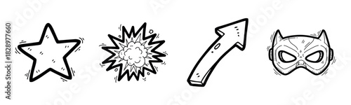 Comic style star, explosion, arrow, and superhero mask icons