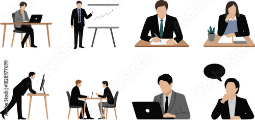 Set of professional business vector illustrations depicting various office tasks and corporate interactions