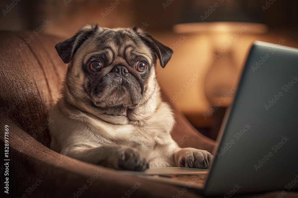 Obraz premium Concerned Pug Dog Focused on a Laptop During an Online Vet Session