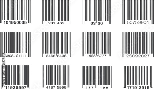 Set of twelve black and white barcode symbols with unique numerical sequences below each one