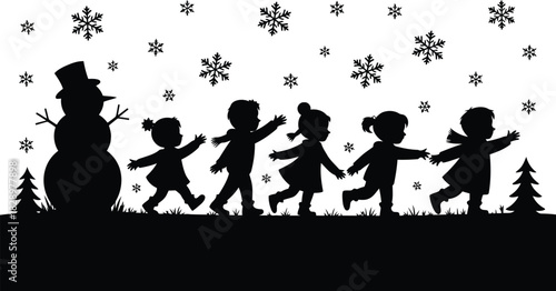 Silhouettes of children walking with a snowman and fir trees during a snowy winter day