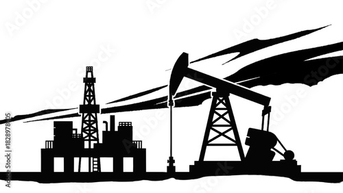 Vector illustration of silhouette of oil drilling rig and pumpjack representing fossil fuel extraction industry isolated on transparent background