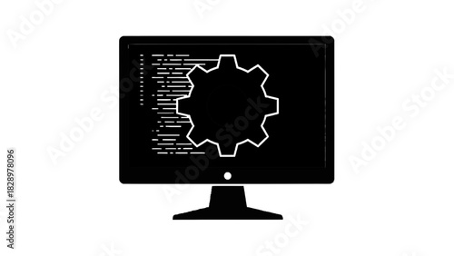 Vector illustration of black and white icon of a computer monitor displaying code and a large gear symbol representing software development or settings isolated on transparent background