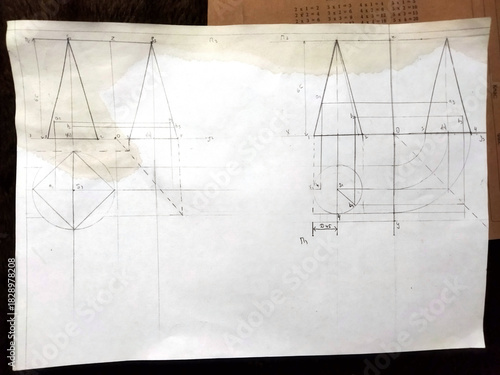 Detailed technical drawing of geometric shapes on paper