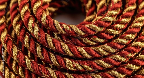 Closeup of a red and gold rope coil, showcasing its intricate texture and pattern