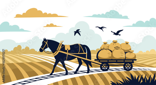 Illustration of a horse pulling a cart loaded with sacks of grain on a farm, with birds flying above and clouds in the background.