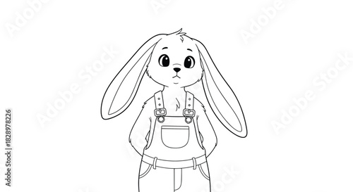 A charming black and white line art illustration of a cute cartoon bunny rabbit wearing overalls, standing innocently, ready for coloring.