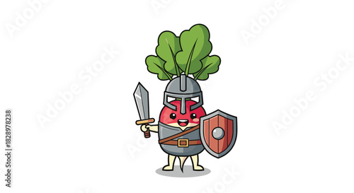 A delightful cartoon depiction of a radish knight, complete with armor, shield, and sword, ready for a fantasy adventure.