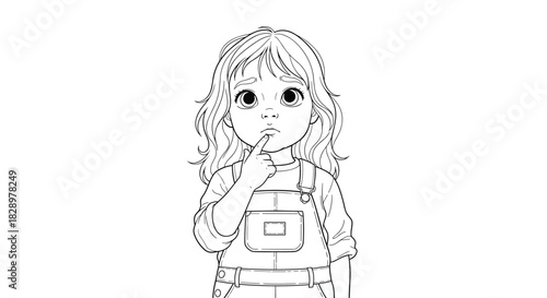 A young girl with curly hair and big eyes looks thoughtfully at the viewer, her finger near her mouth.