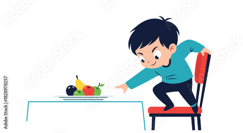 A curious young boy reaches for fruit on a table while standing on a chair.