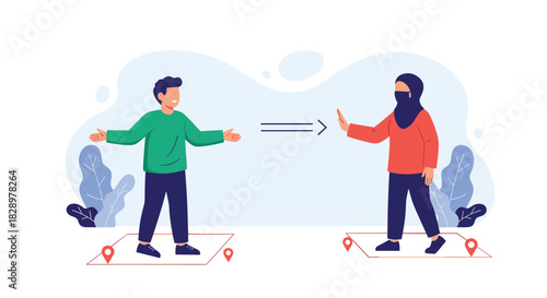 Two people maintaining social distance, with one person gesturing to stop the other.