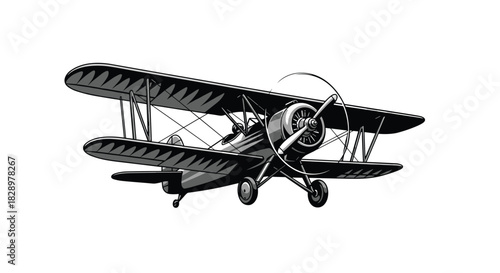 Vintage biplane soaring through the air, a classic symbol of aviation and flight in a detailed illustration against a white background.