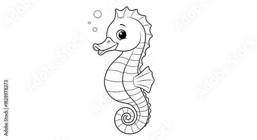 A charming black-and-white seahorse cartoon, complete with delightful details like its curly tail, fin, cute eye, and bubbly additions.